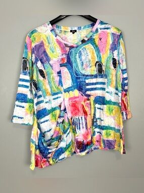 Shana Colorful Art Crinkle Knit Top Women’s Size L Abstract Stretch Knit Pocket